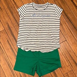 LOFT XL Navy-Striped Tee with J Crew Factory New Sz 14 5”Green Shorts